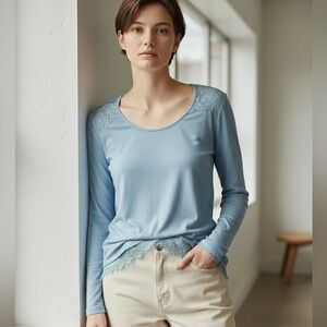 Chico's Light Blue Long Sleeve Scoop Neck Top with Lace Shoulders